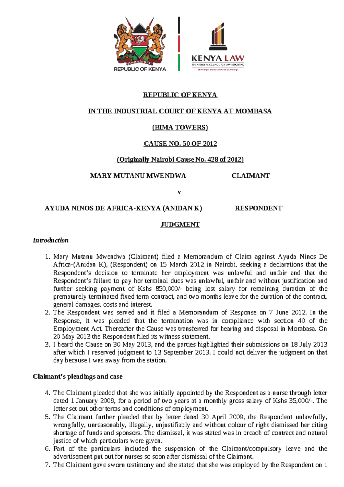 Mary Mutanu Mwendwa v Ayuda Ninos de K: Judgment Analysis (Cause No. 50 ...