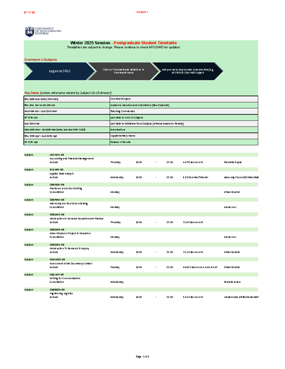 PG Timetable - Winter 2025 - Enrolment in Subjects Key Dates (unless ...