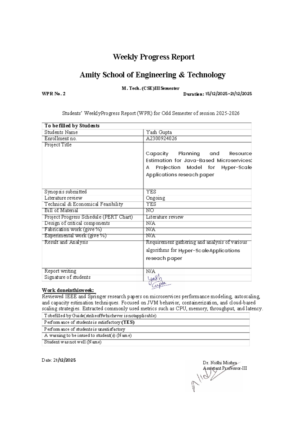 WPR No. 2: Weekly Progress Report for M. Tech. Project on Microservices ...