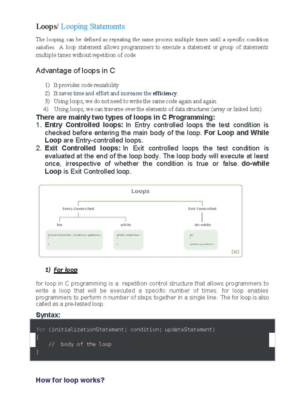 Loops in C Programming: Types, Advantages, and Examples - Studocu