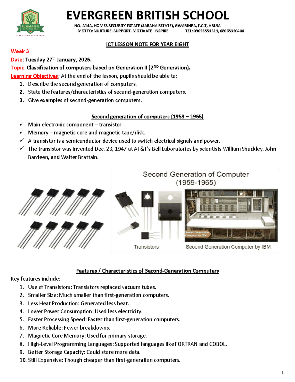 ICT Lesson Note for Year 8: 2nd Generation Computers - Studocu