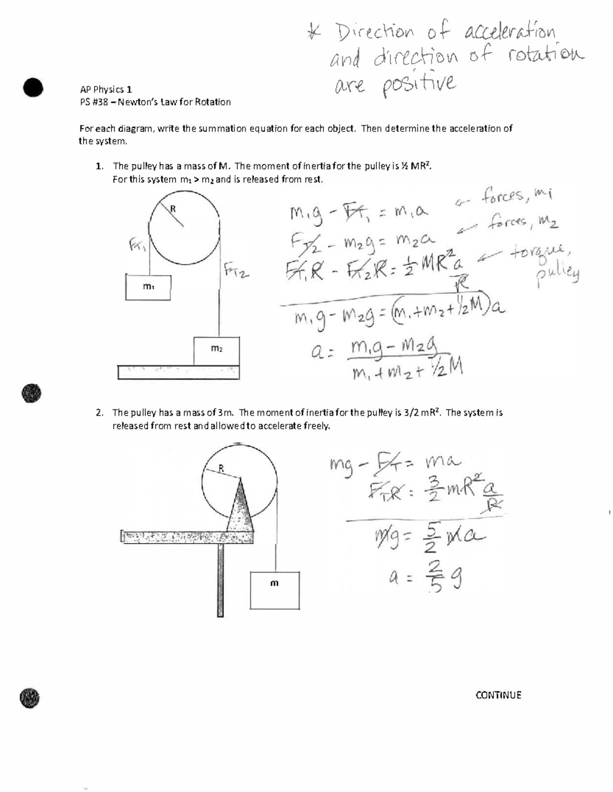 AP1 PS #38 - Newton s 2nd Law PS - Summation Equations - KEY1 ...