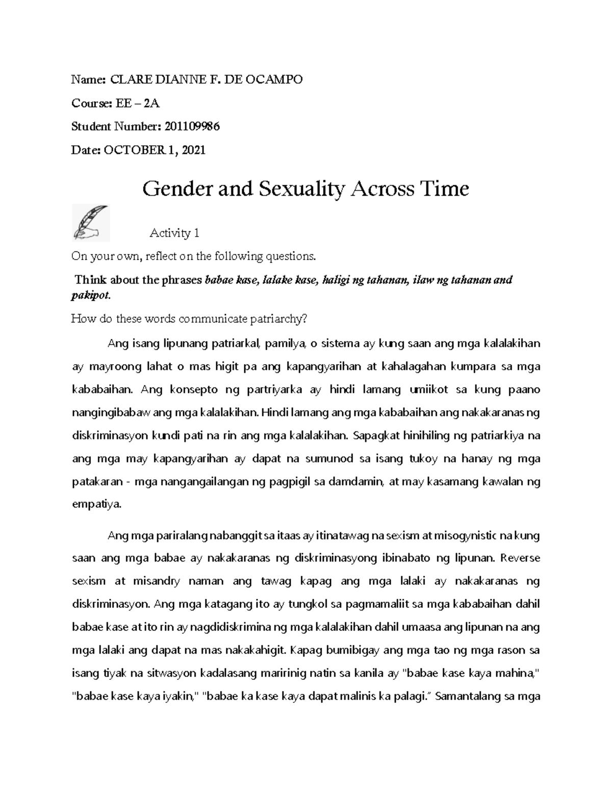 EE2A Activity 5 Gender and Society 2nd year college - Name: CLARE ...