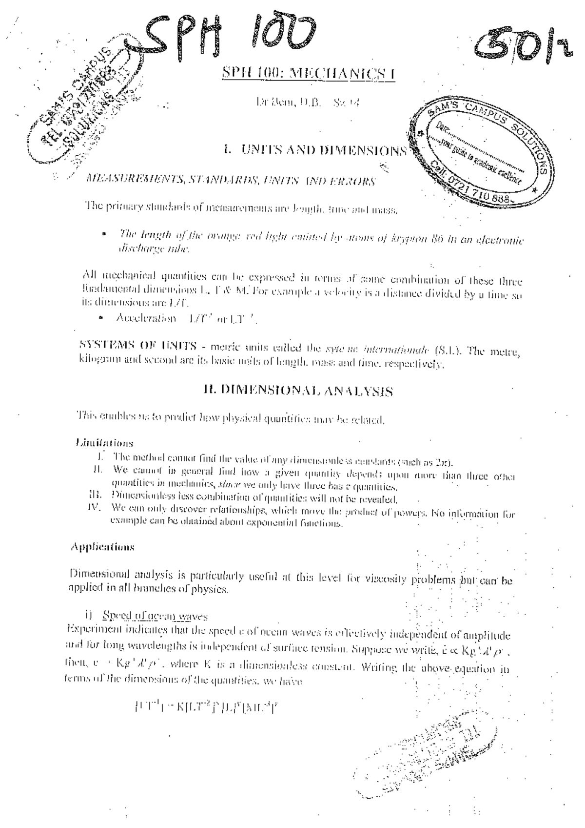 SPH 100 - Mechanics I: Comprehensive Lecturer Notes on Units and ...
