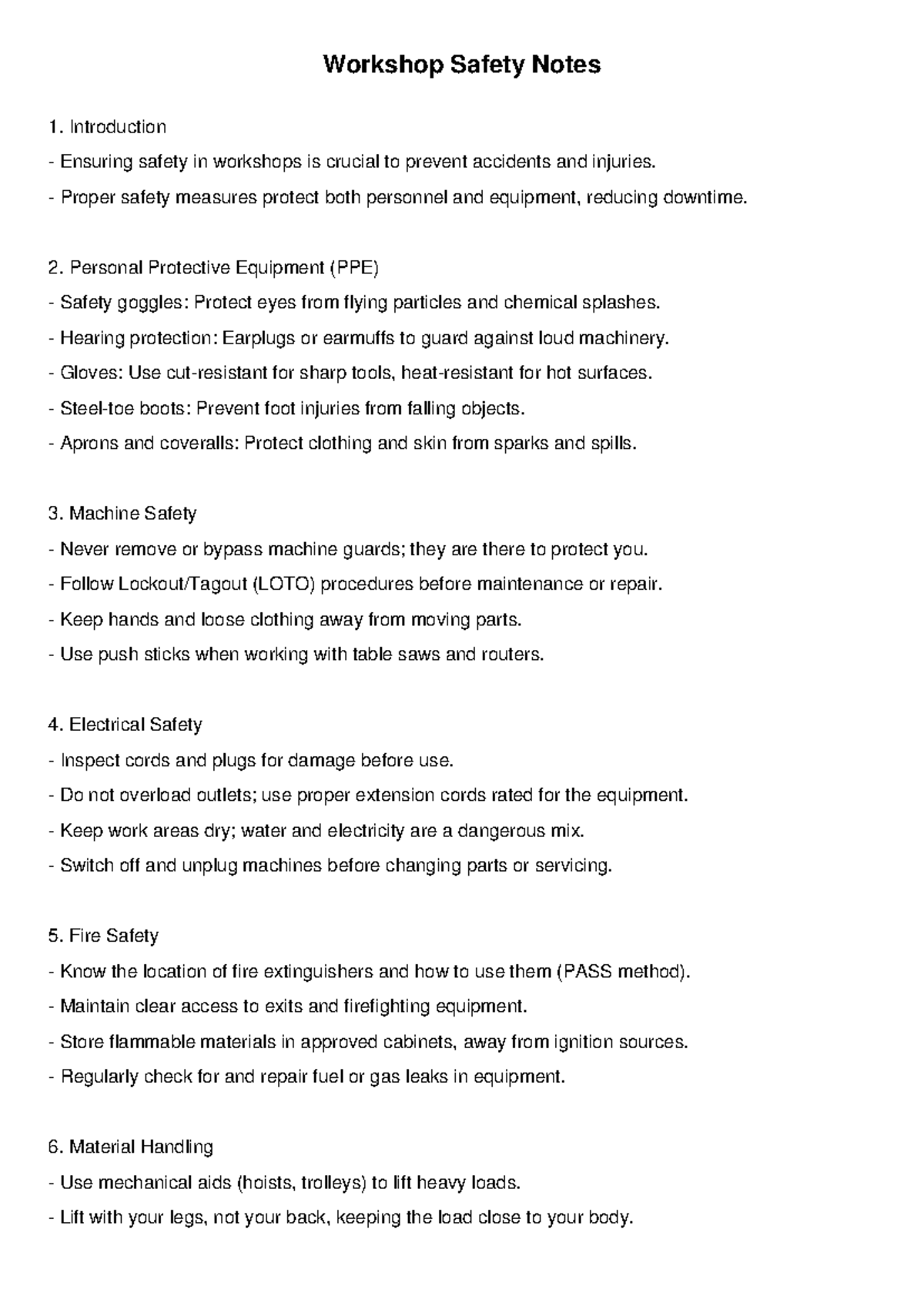 Workshop Safety Notes: Essential Guidelines for Safe Practices - Studocu