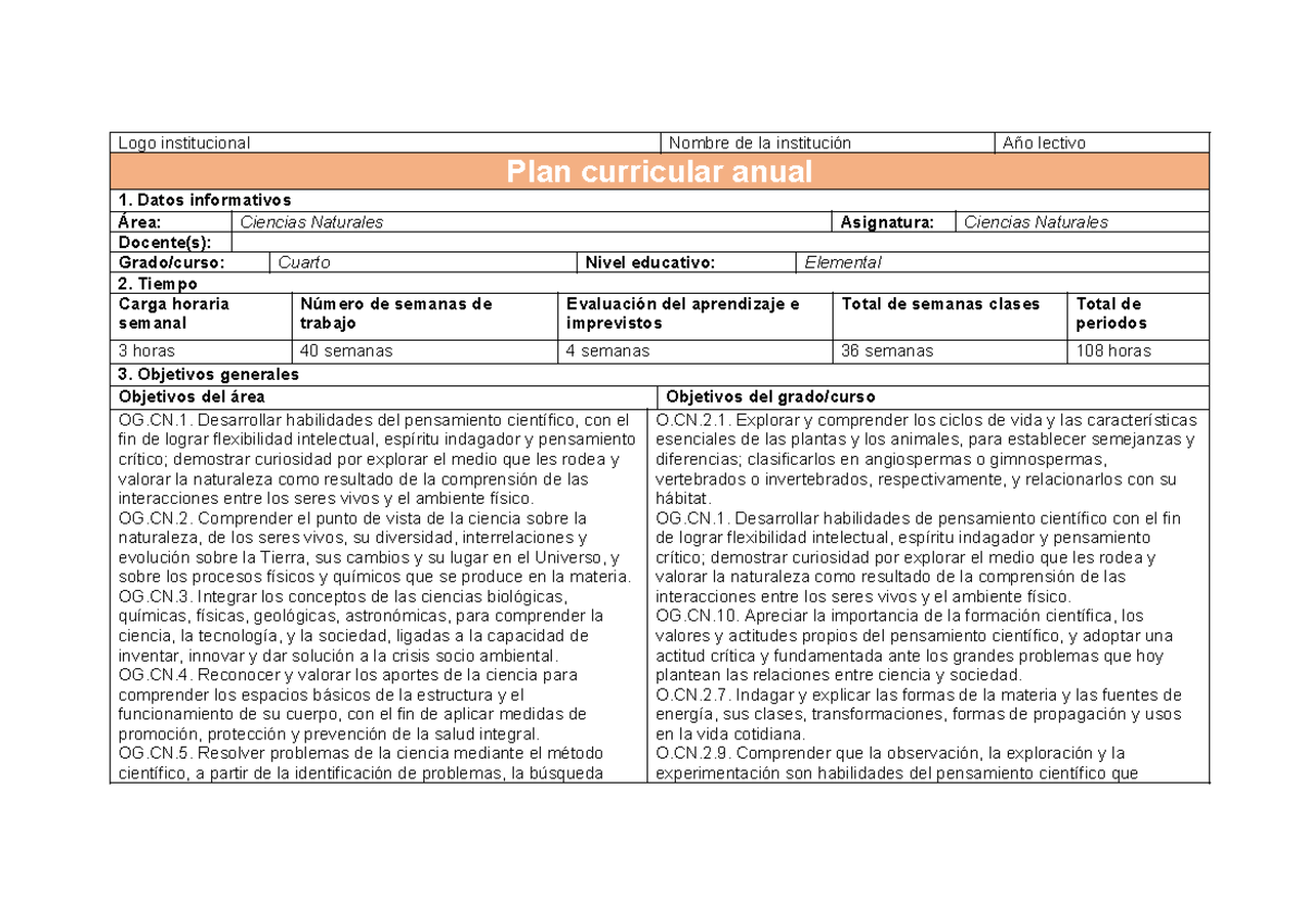 PCA-DUA: Ciencias Naturales 4 EGB - Plan Curricular Anual - Document Preview