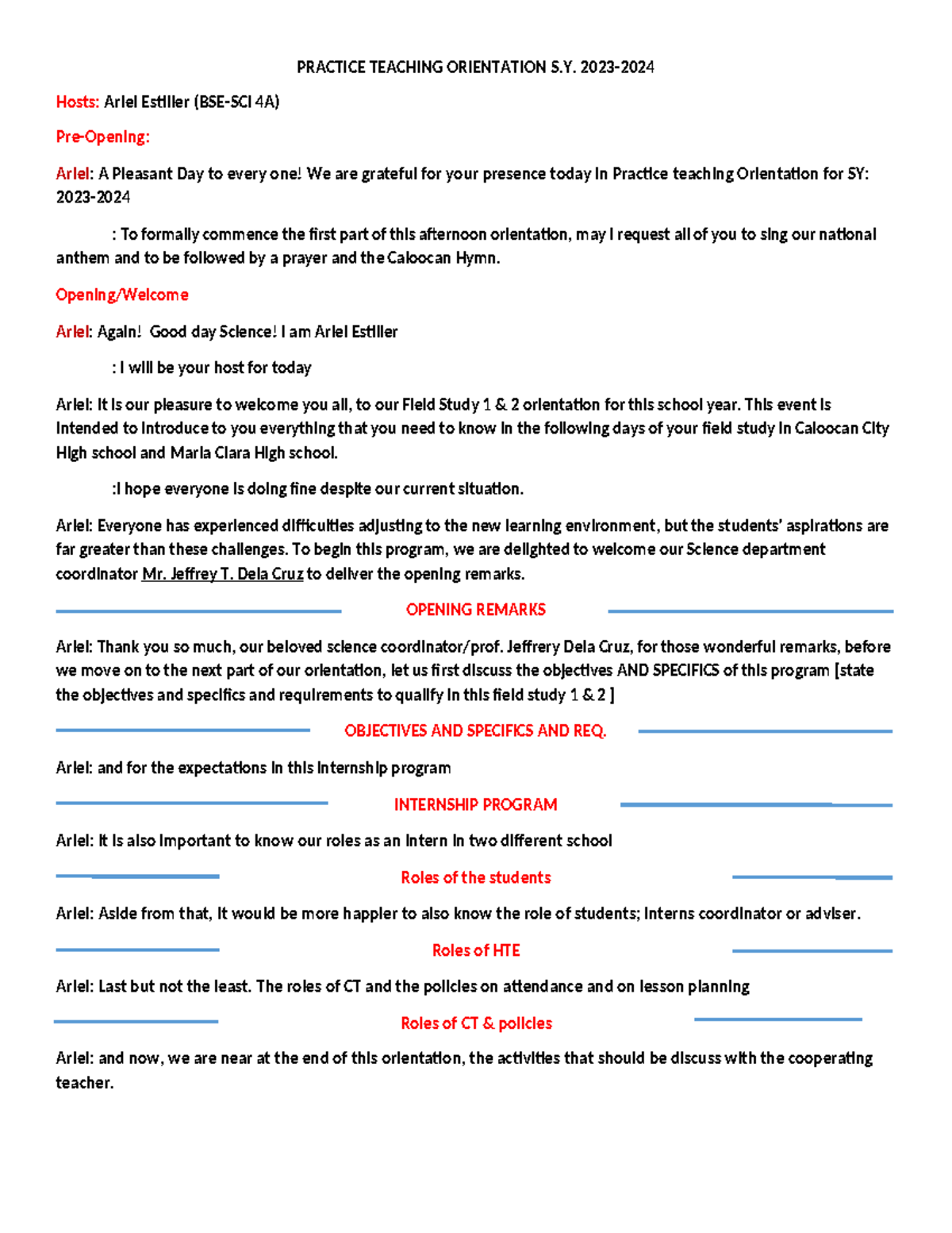BSE-SCI 4A Practice Teaching Orientation Final Script - Studocu