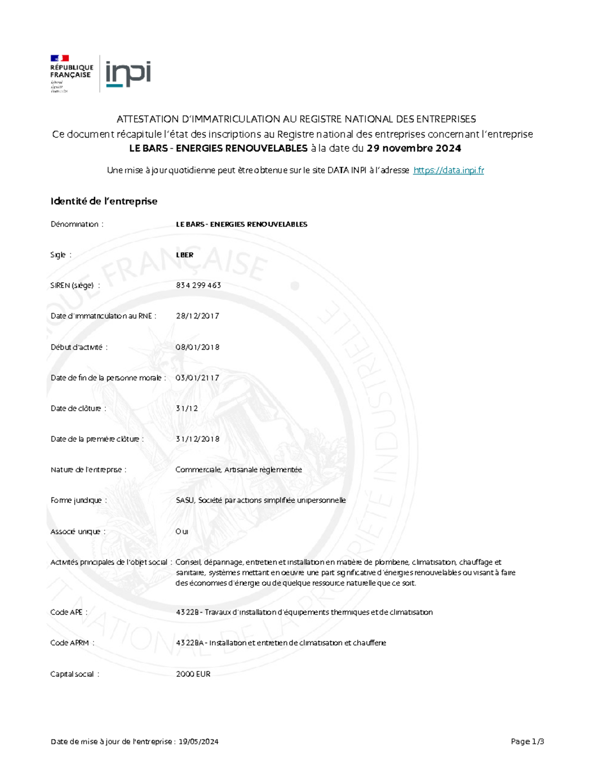 ATTESTATION RNE LBER - LE BARS ENERGIES RENOUVELABLES - 29 Nov 2024 ...