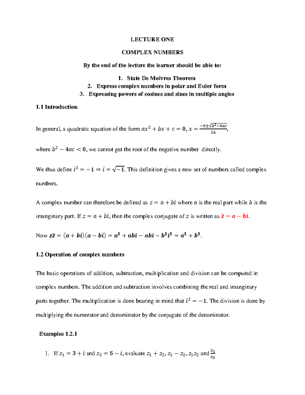 SMA 306 Lecture ONE - Summary notes - LECTURE ONE COMPLEX NUMBERS By ...