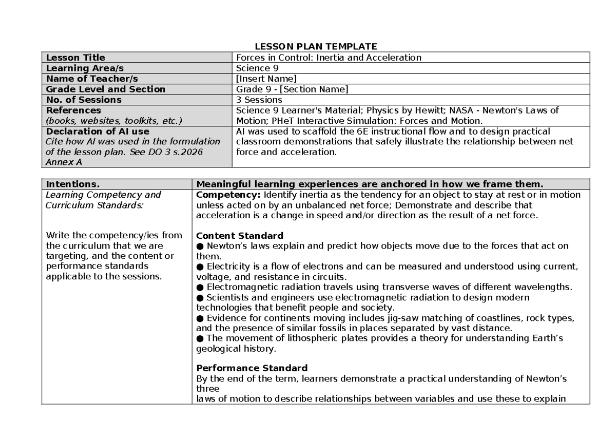 Lesson Plan: Forces in Control, Acceleration & Action-Reaction (Science 9) - Document Preview