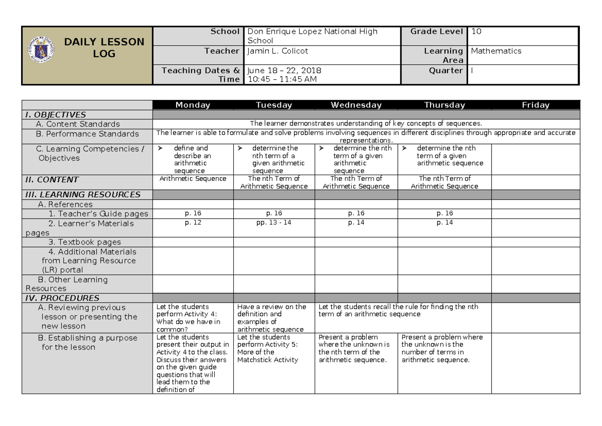 Grade 10 Math Daily Lesson Log: Arithmetic Sequences (June 18-22, 2018 ...
