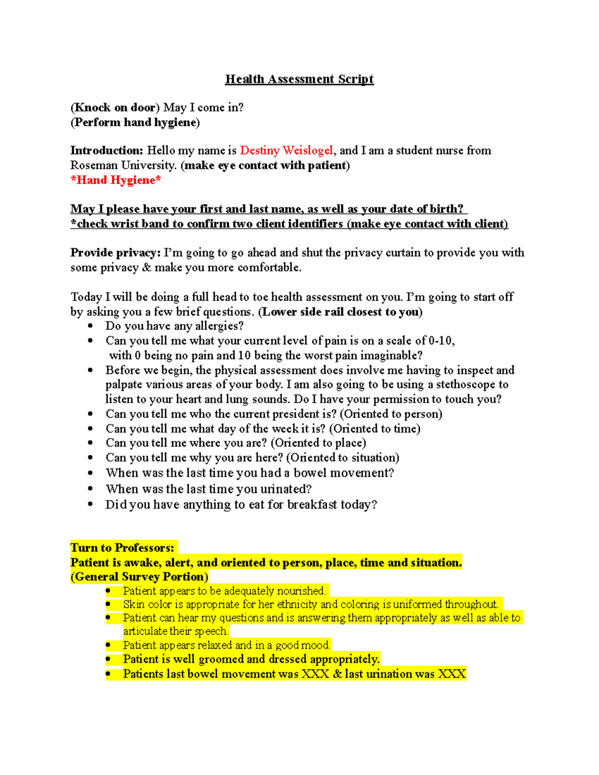 Health Assessment Script - Health Assessment Script (Knock on door) May ...