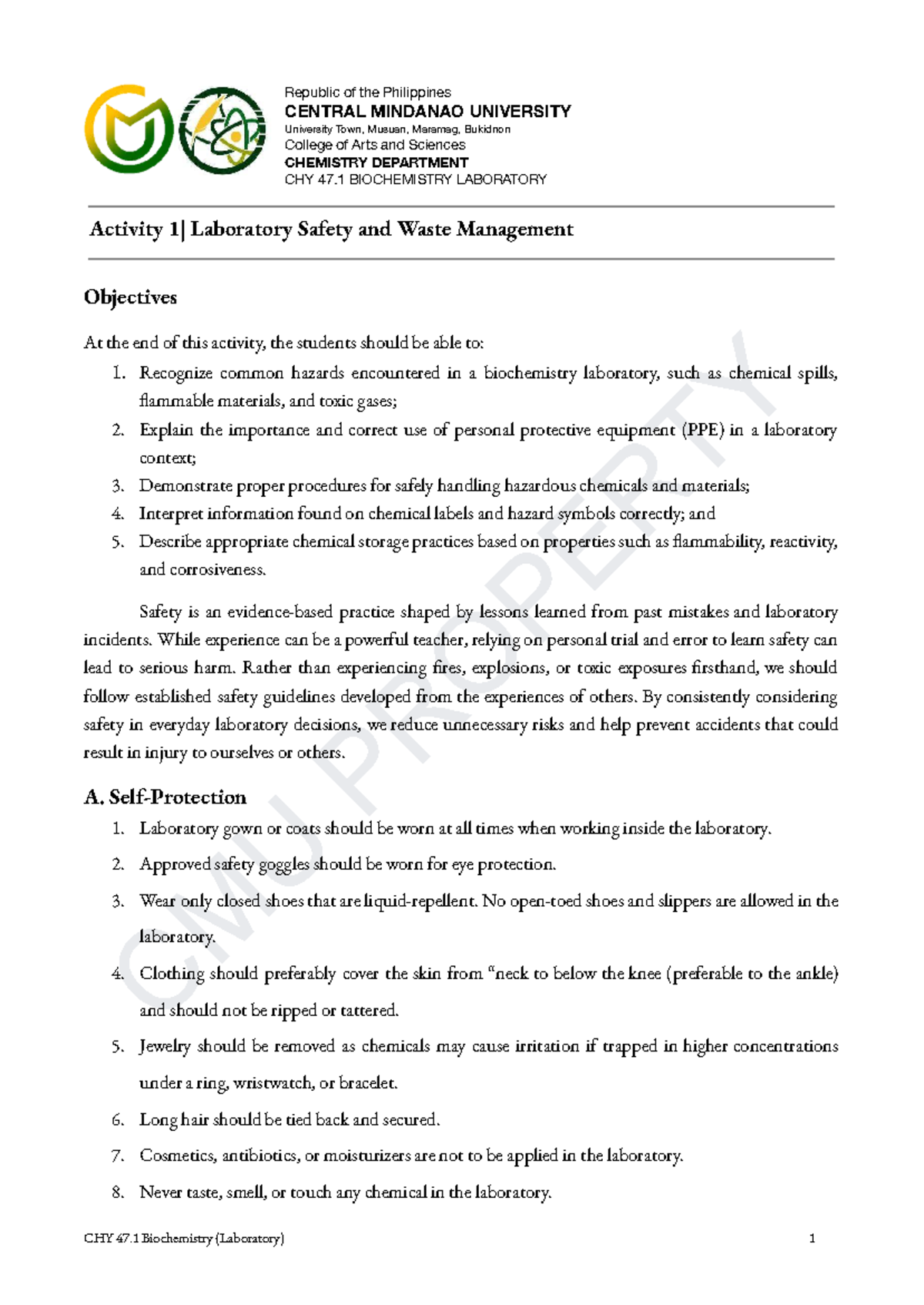 CHY 47.1 Biochemistry Lab: Activity 1 - Laboratory Safety Guidelines ...