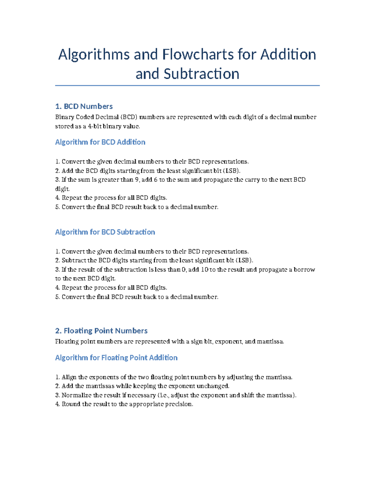 Addition and Subtraction Algorithms: BCD, Floating Point, Signed ...