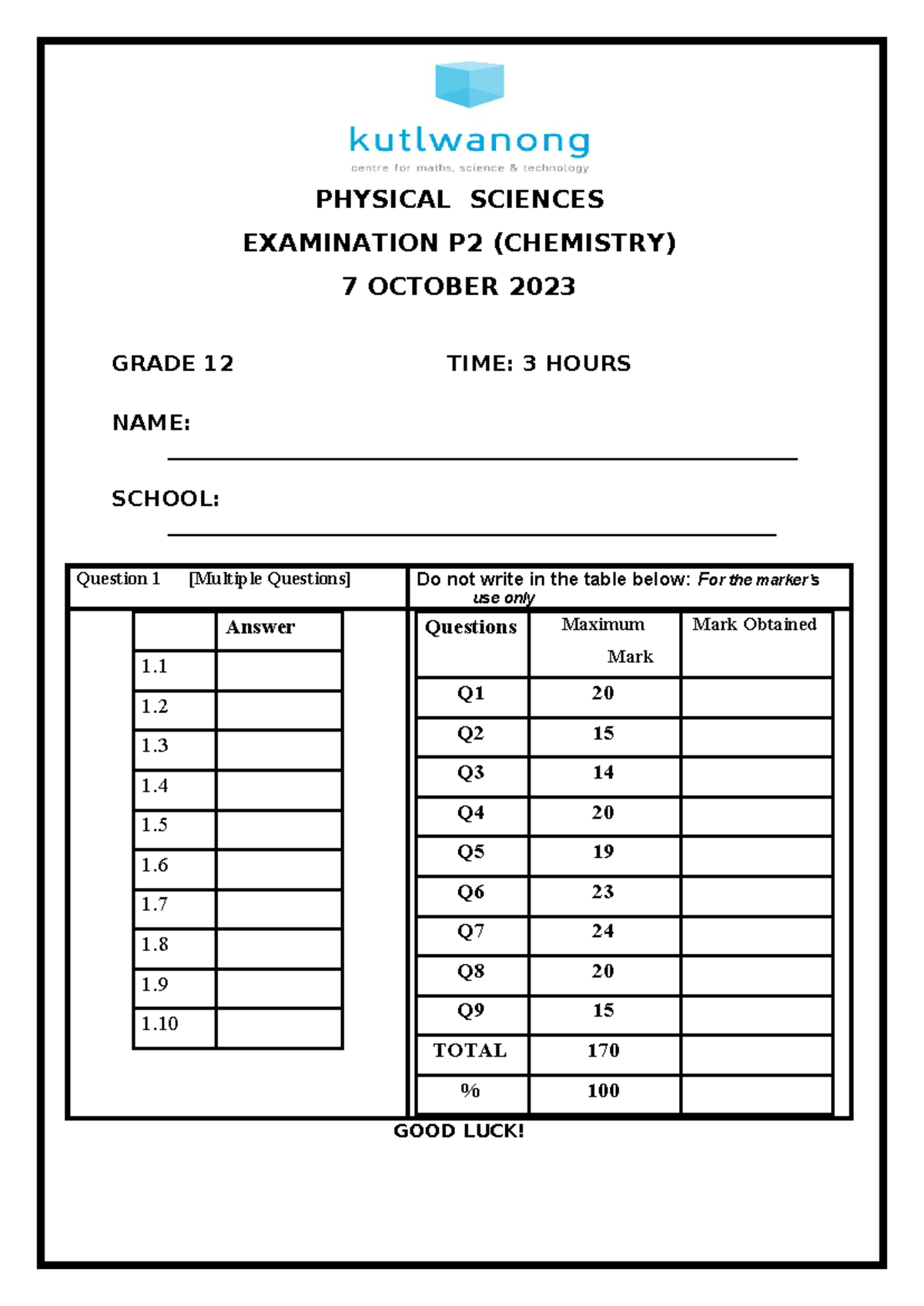 Promaths G12 Physical Sciences Exam P2 - 7 OCT 2023 - Studocu