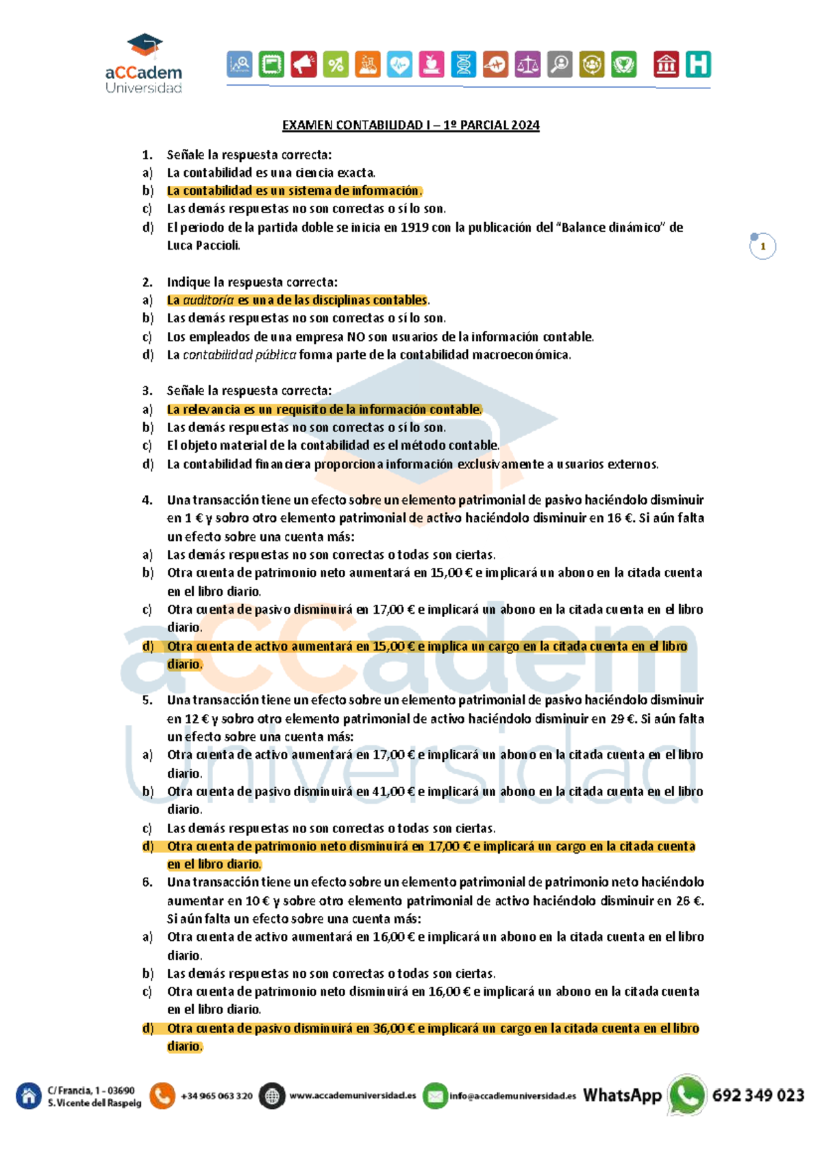Examen 1º Parcial Contabilidad I 2024: Preguntas y Respuestas - Studocu