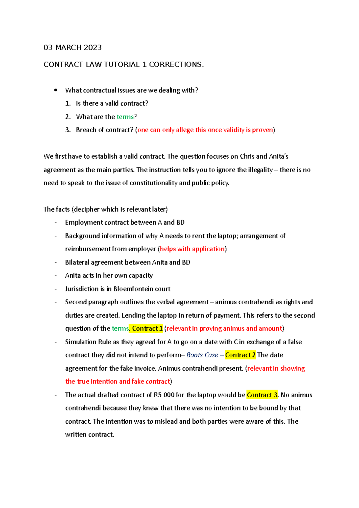Contract Law Tutorial 1 - Analyzing Simulated Contracts and Validity ...
