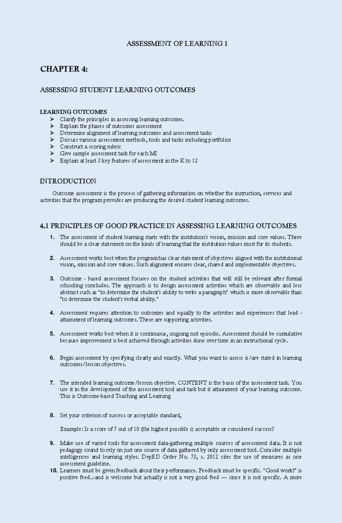 Assessment of Learning Outcomes (EDU 101) - Principles & Methods - Studocu