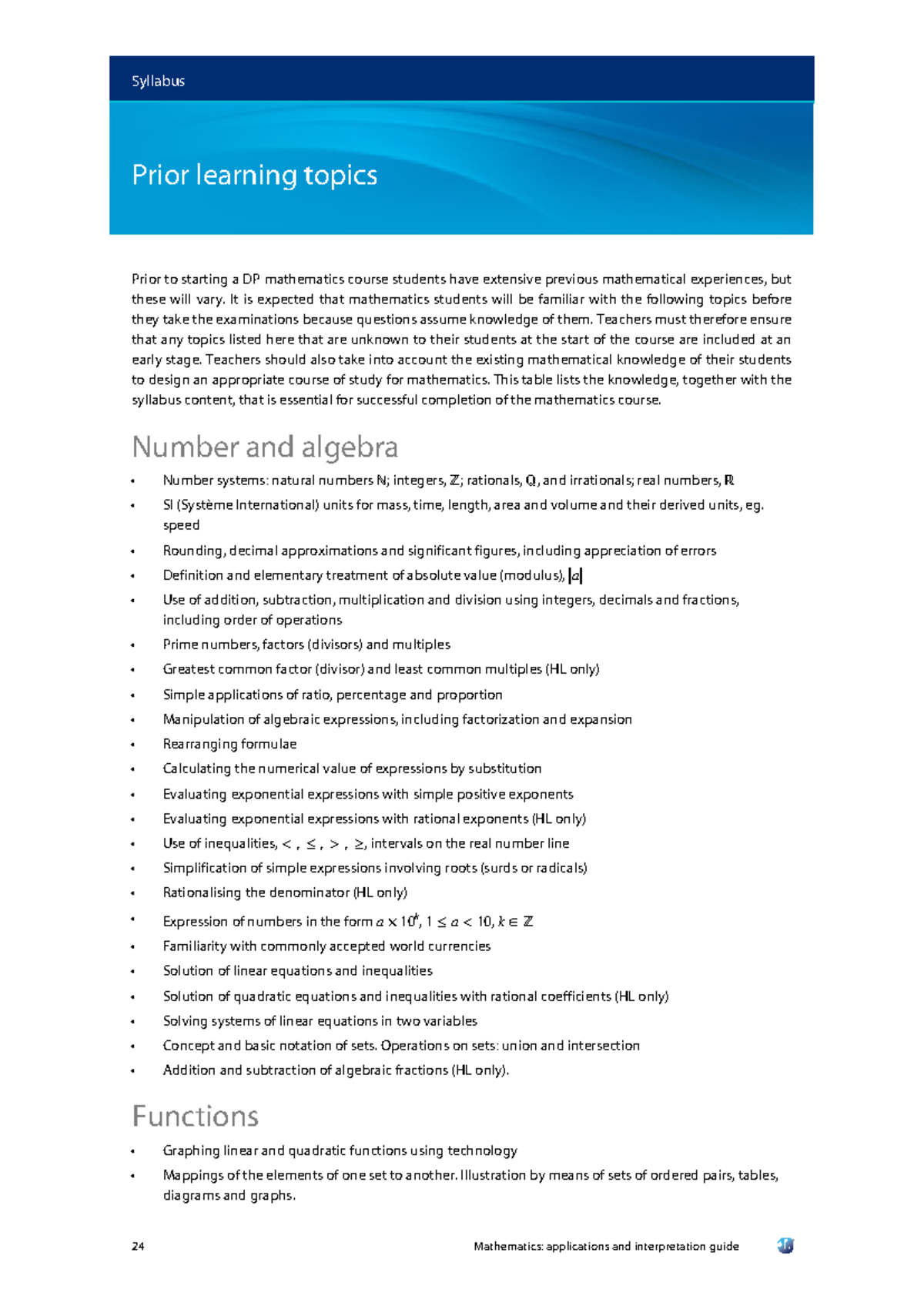Mathematics Syllabus: Essential Prior Learning Topics for DP Course ...