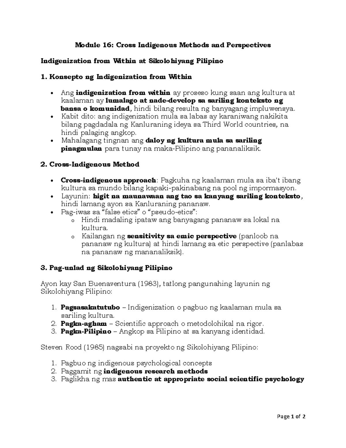 Module 16: Indigenization from Within in Sikolohiyang Pilipino - Studocu