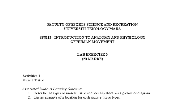 Lab 3 SPS113 - Anatomy & Physiology of Muscle Tissue and Actions - Studocu