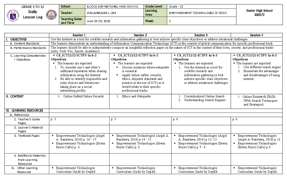 Empowerment Technologies (ETEC) Daily Lesson Log: June 25-29, 2018 ...