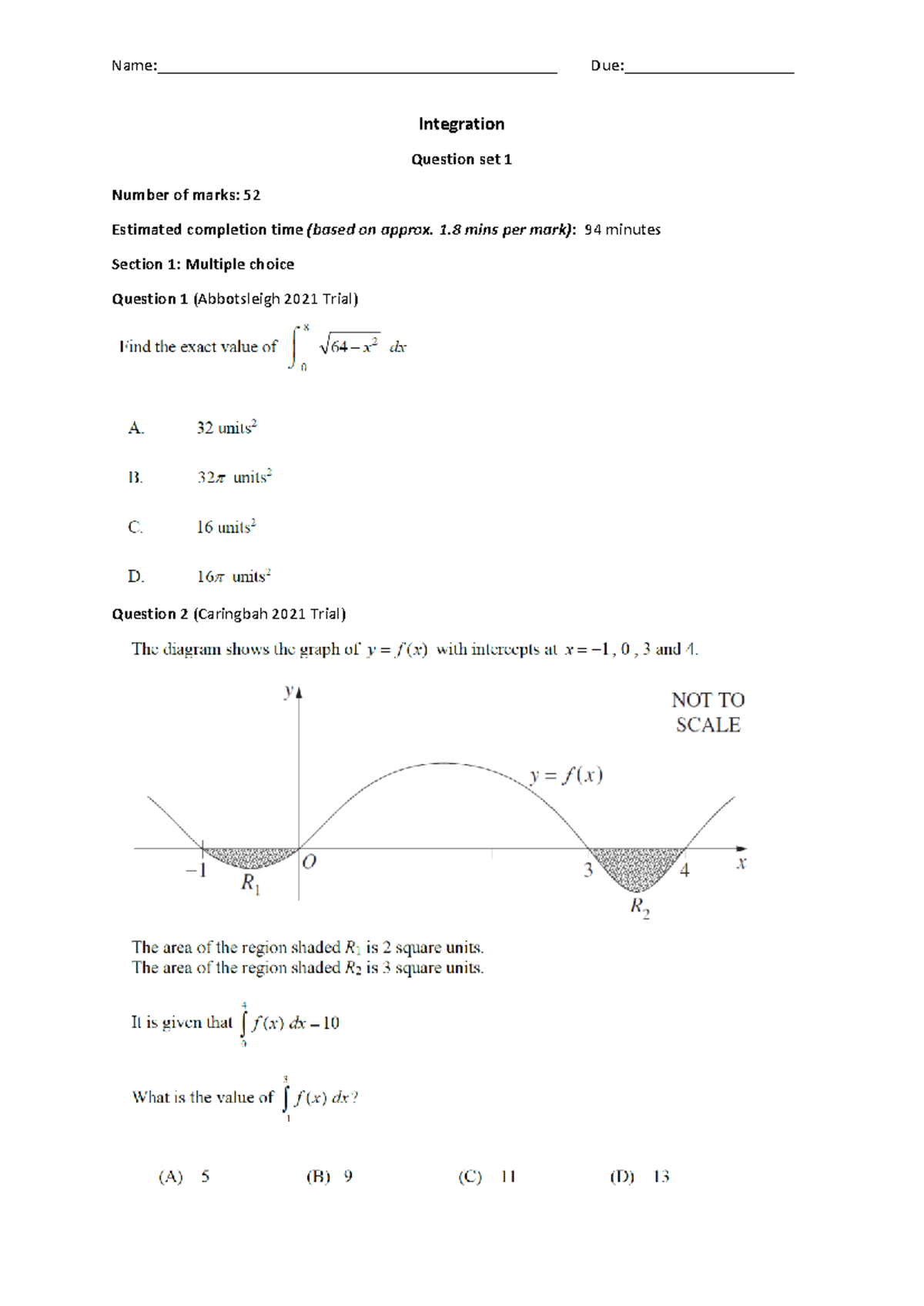 Integration Questions Set 1 - Trial Exam (Marks: 52, Time: 94 mins ...