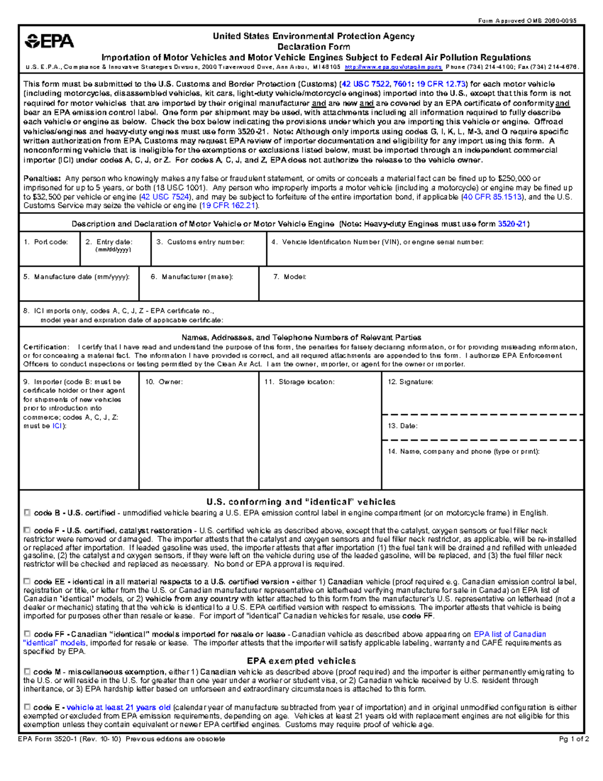 EPA Declaration Form for Importing Motor Vehicles & Engines - Studocu