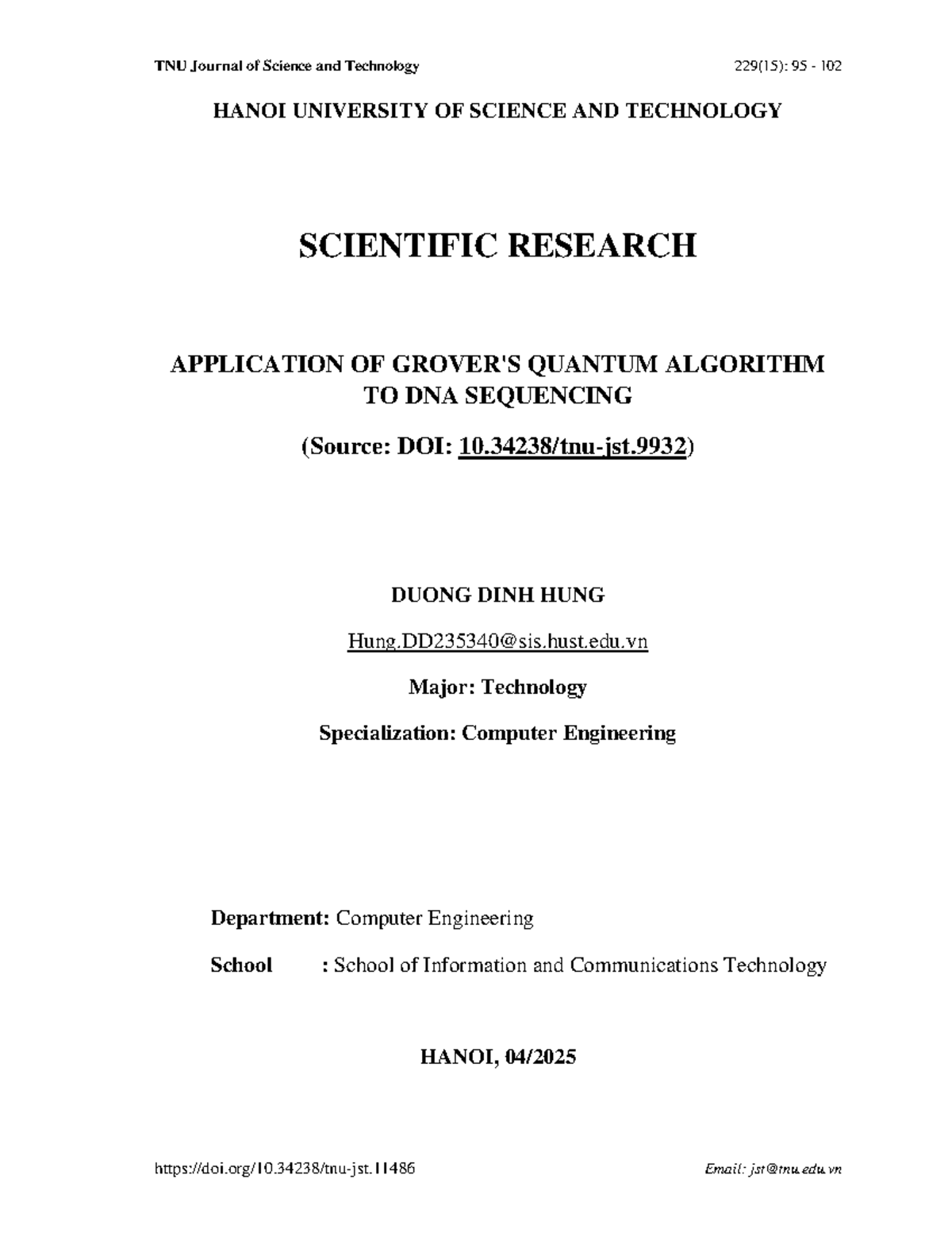Application of Quantum Algorithm to DNA Sequencing - TNU 229(15) - Studocu