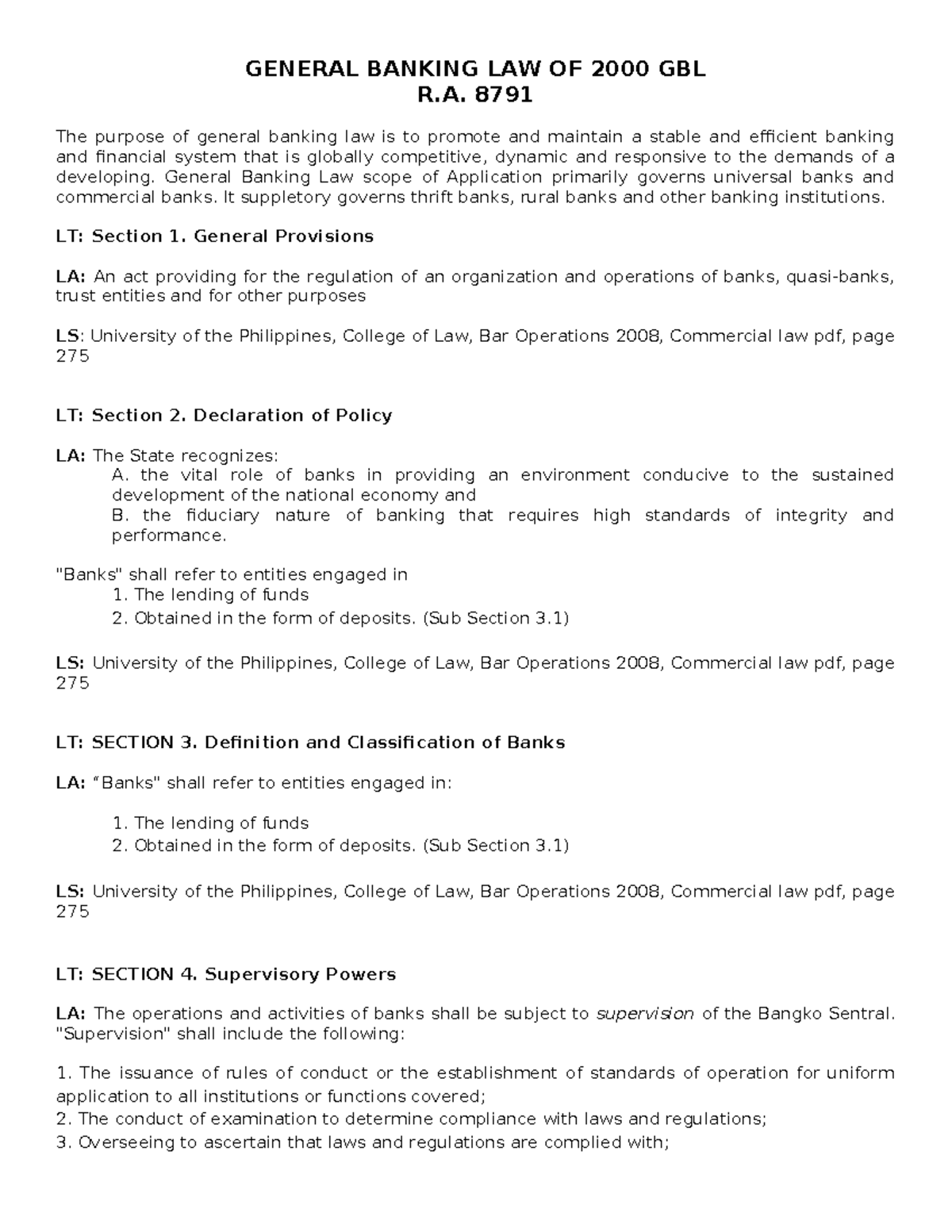 General Banking Law of 2000 (R.A. 8791) Overview and Provisions - Studocu