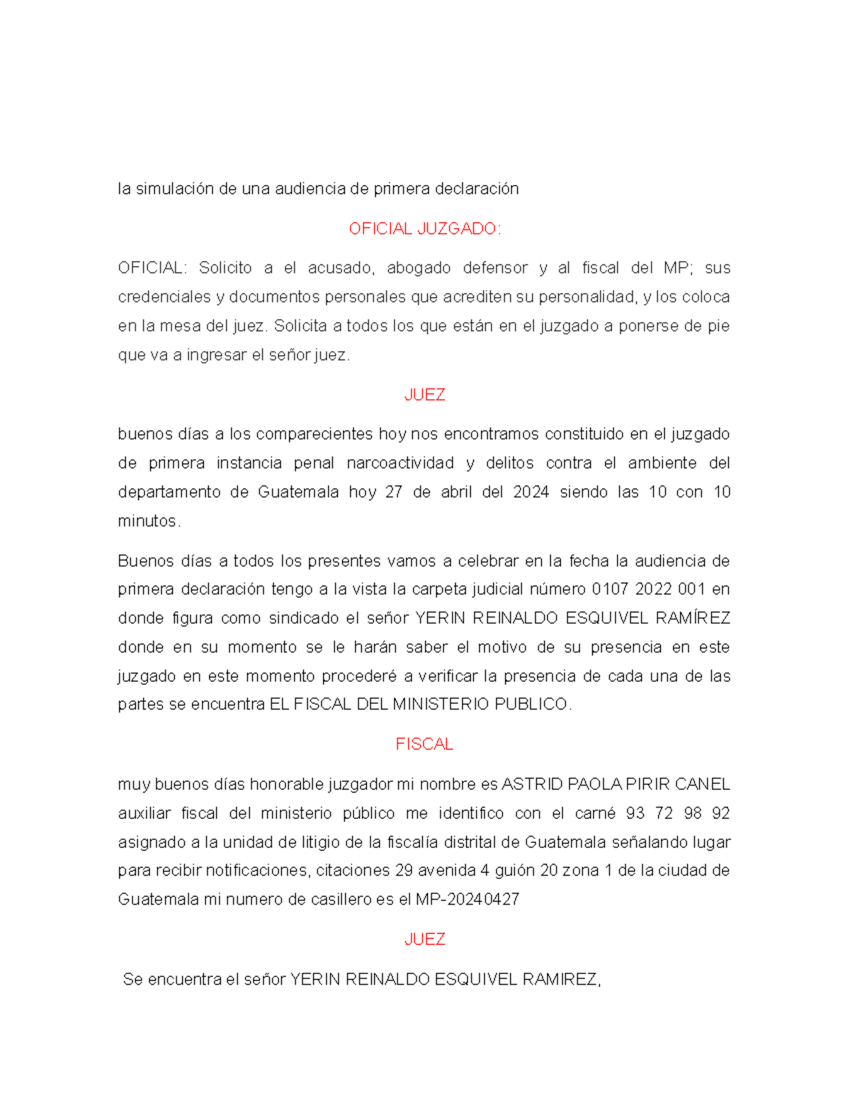 Simulación de Audiencia: Primera Declaración Indagatoria - Juzgado 0107 - Document Preview