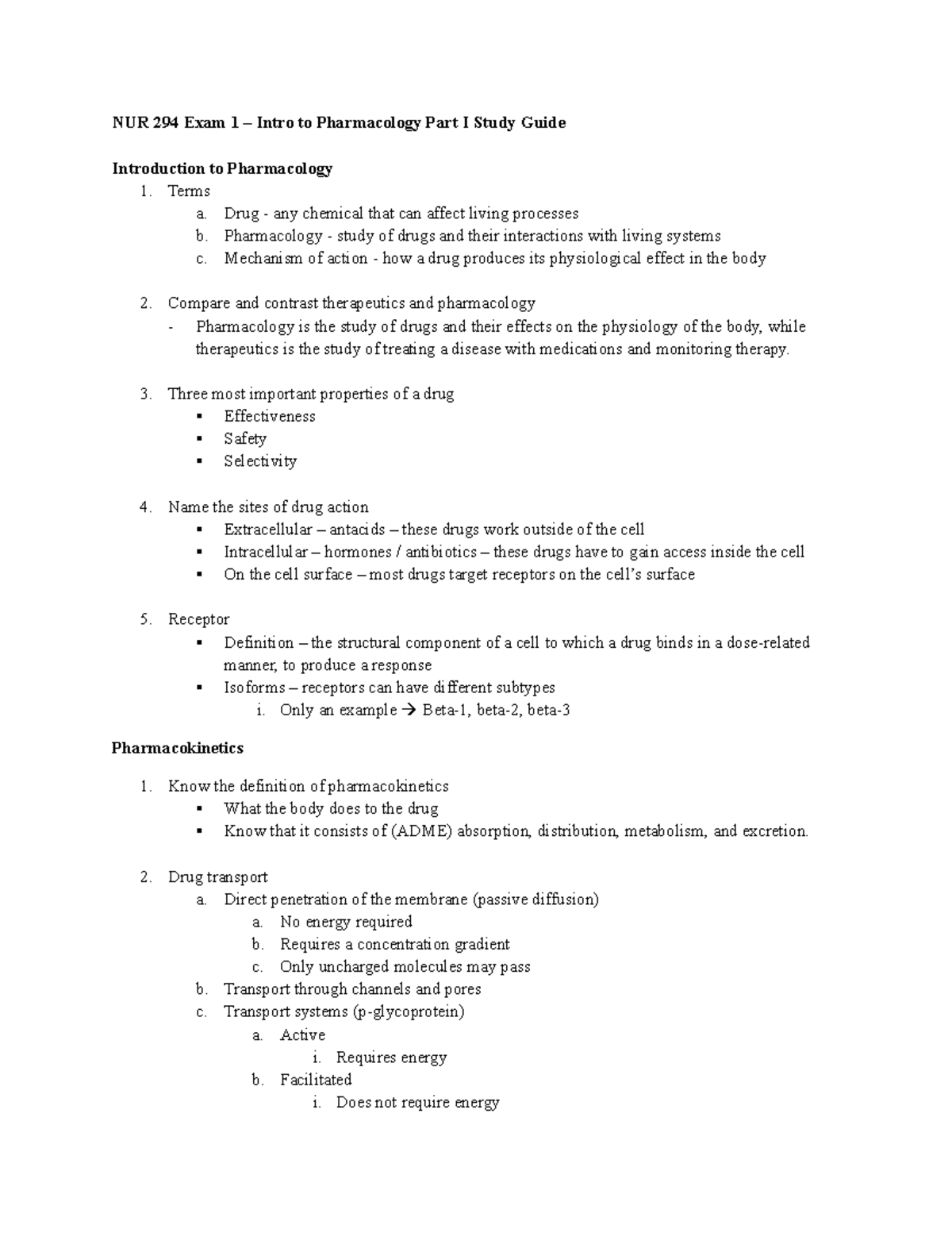 NUR 294 Exam 1 Study Guide: Intro to Pharmacology and Drug Development ...