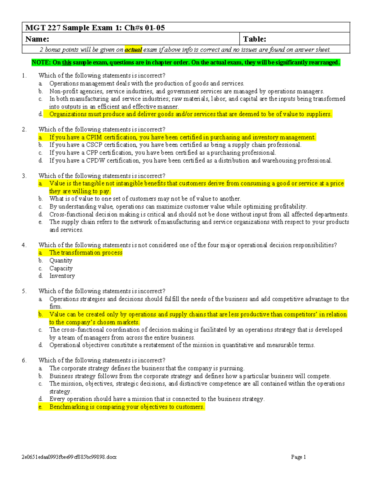 MGT 227 Sample Exam 1: Review Questions from Chapters 1-5 - Studocu