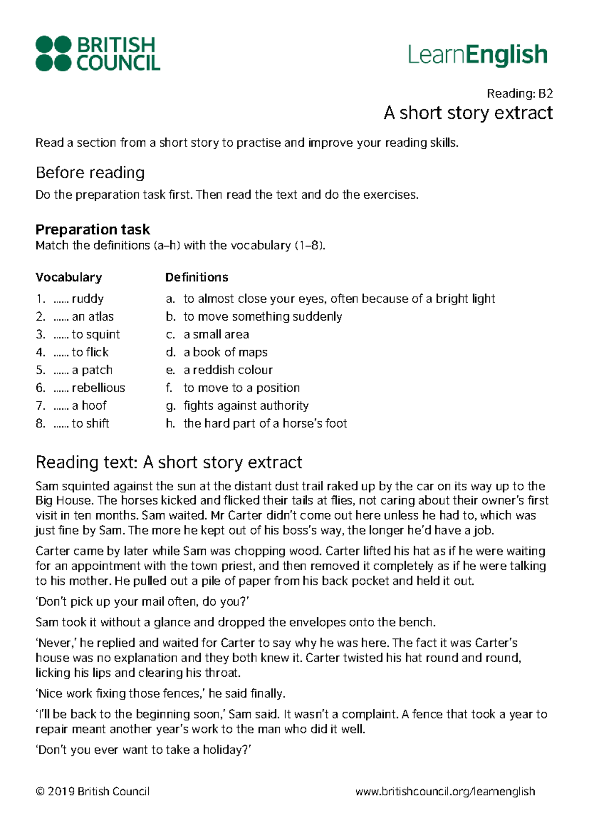 Learn English Reading B2: Short Story Extract & Exercises - Studeersnel