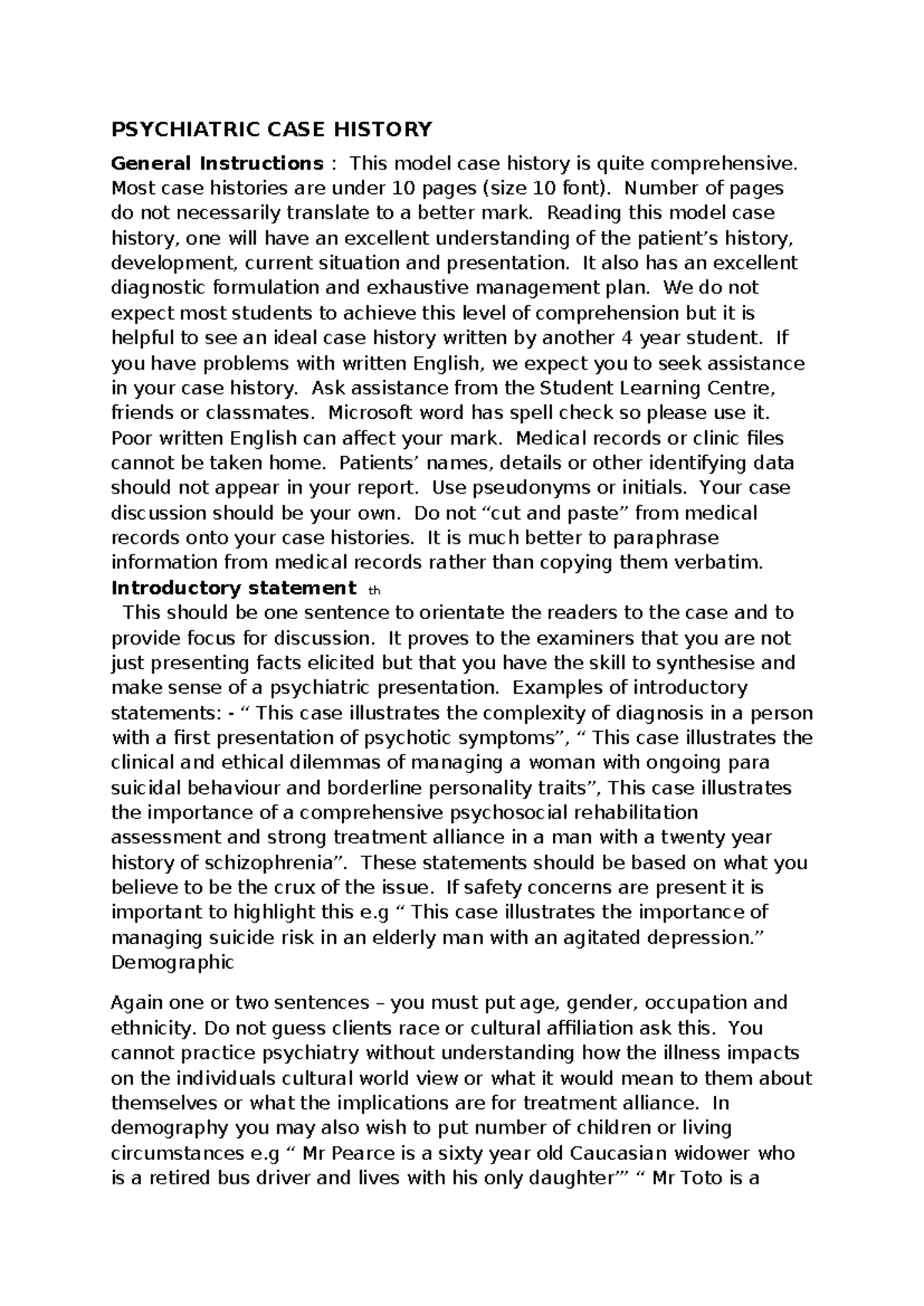 PSYCH 411679070: Comprehensive Psychiatric Case History Guide - Studocu