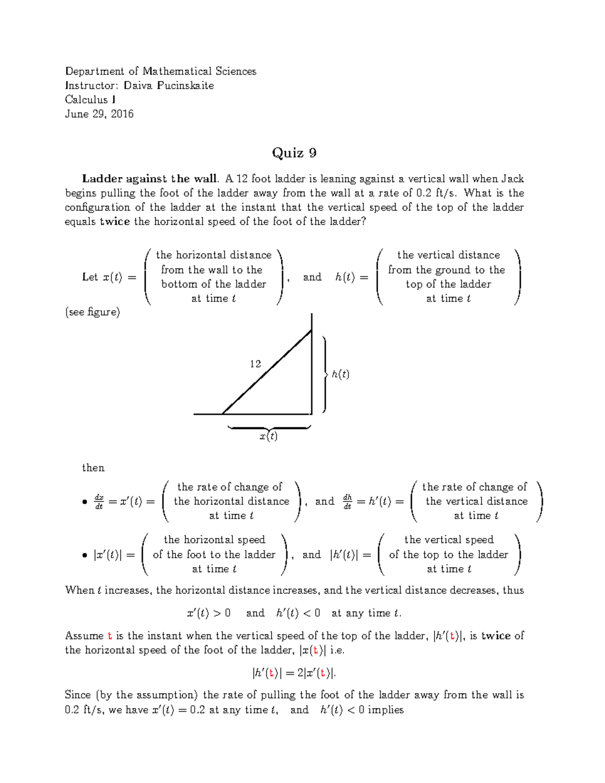 Solution Quiz 9 Calculus I Summer 2016 - Department of Mathematical ...