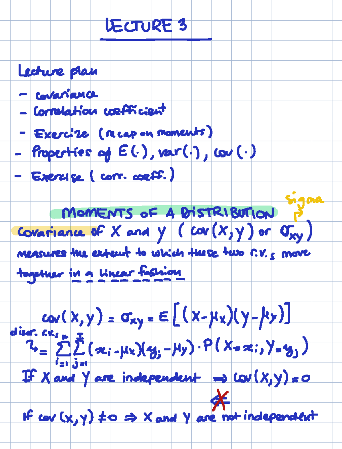 Statistics LECTURE Notes: Covariance & Correlation Coefficient - Studocu