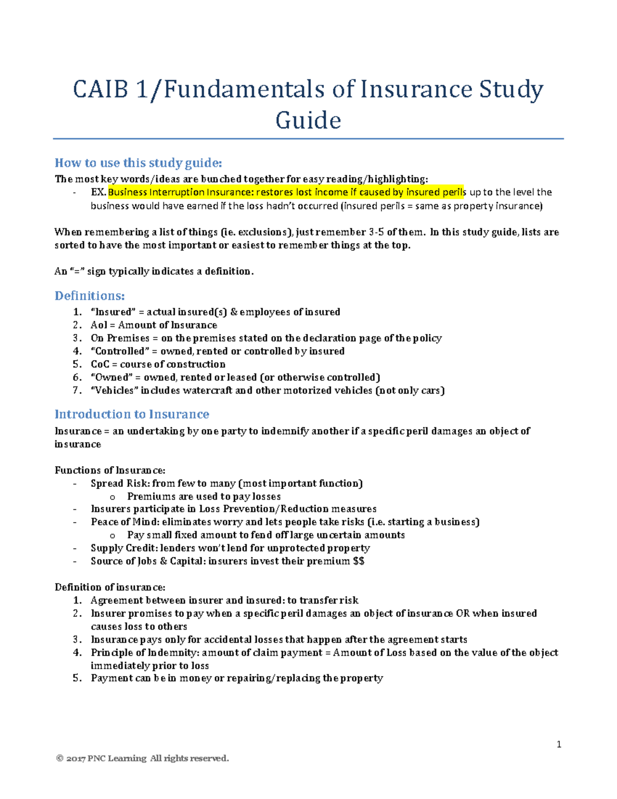 CAIB 1 - Fundamentals of Insurance Study Guide and Key Concepts - Studocu