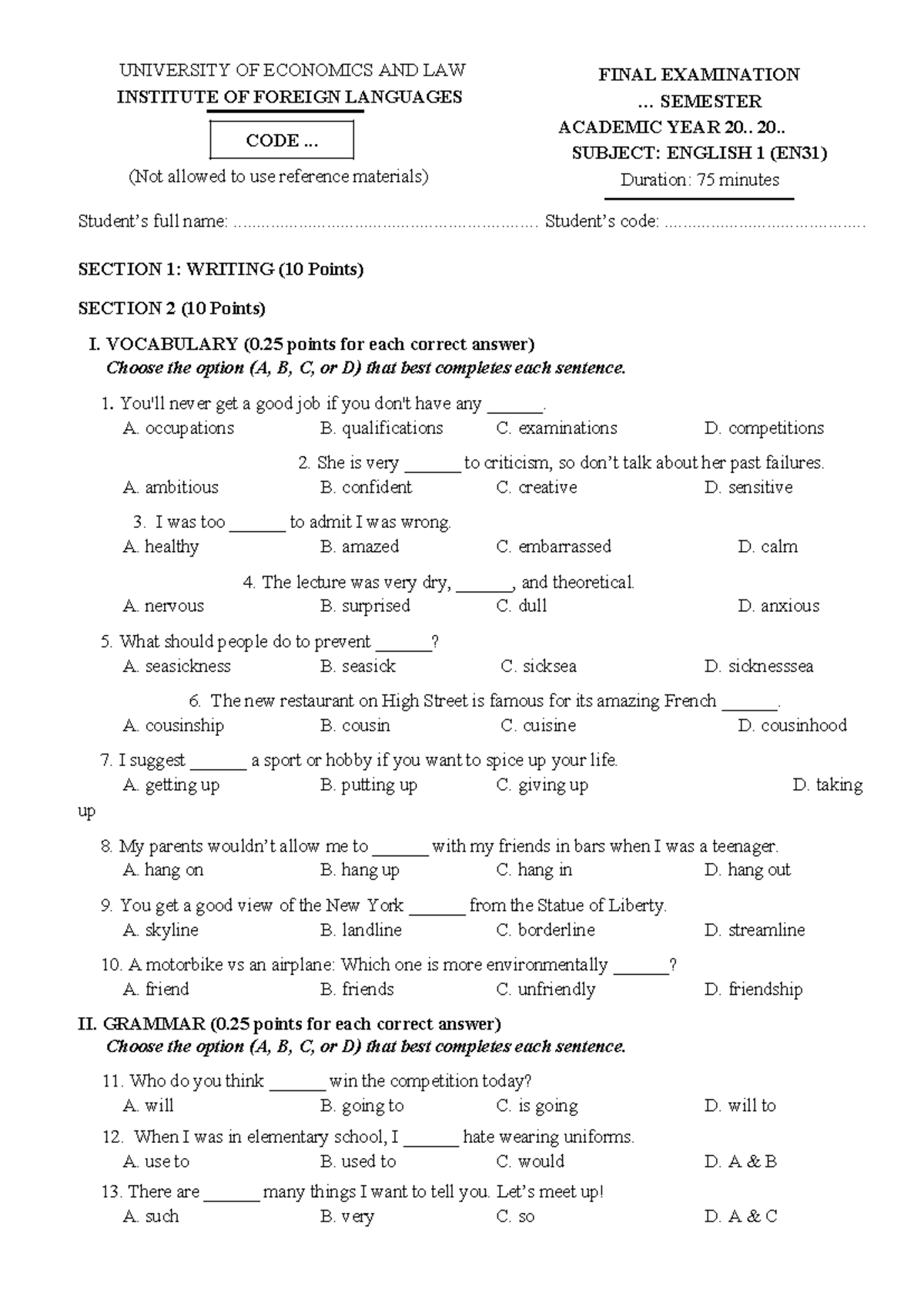 UEL - Final Exam English 1 (EN31) Study Guide and Practice Questions ...