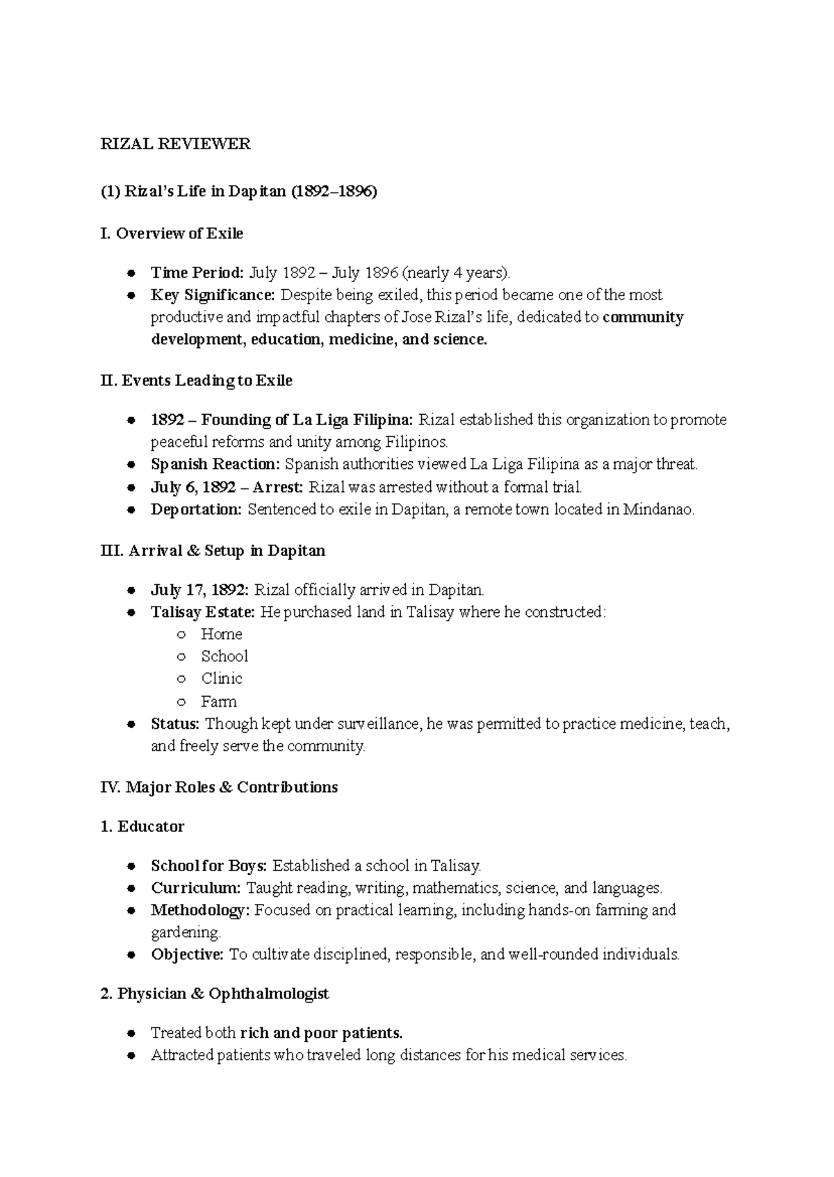 RIZAL REVIEWER: Life in Dapitan and His National Impact (HIST 101 ...