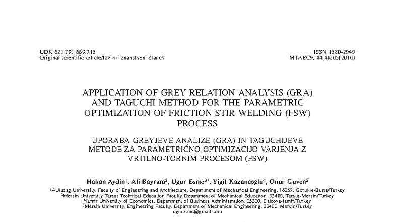 Application of Grey Relation Analysis (GRA) & Taguchi Method for FSW ...