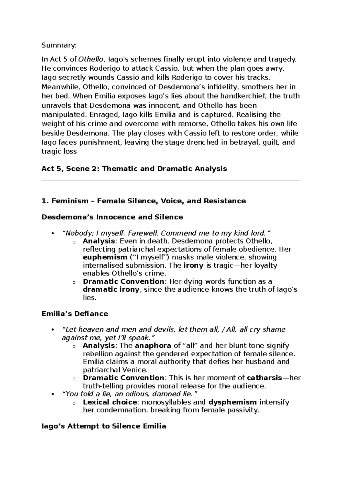 Othello Act 5 Summary & Thematic Analysis: Tragedy and Betrayal - Studocu