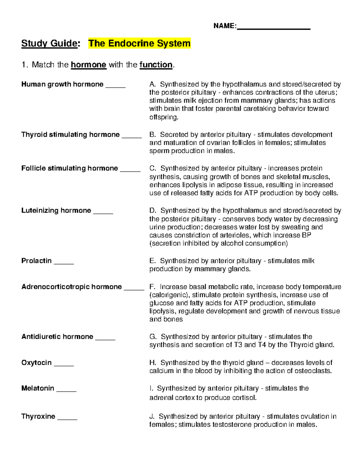 Study Guide: Endocrine System - Hormones & Medications (BIO101) - Studocu