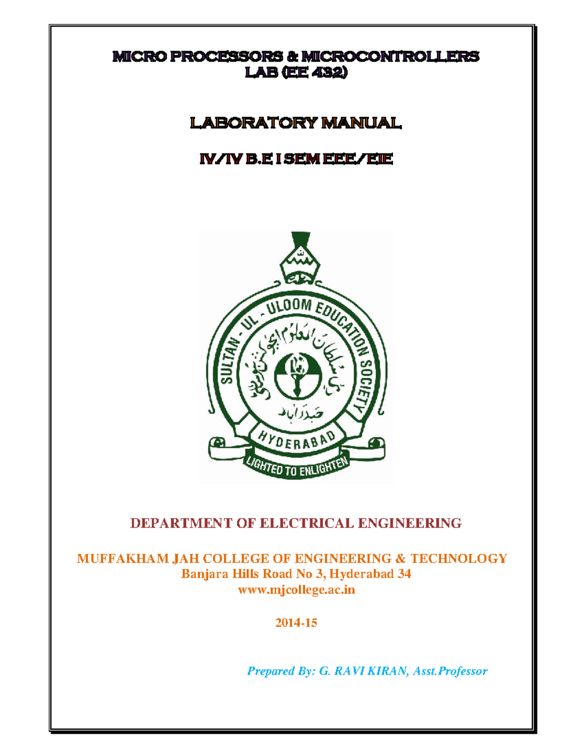 IV EEE I SEM MPMC LAB Manual(EE432) - MICRO PROCESSORS ...
