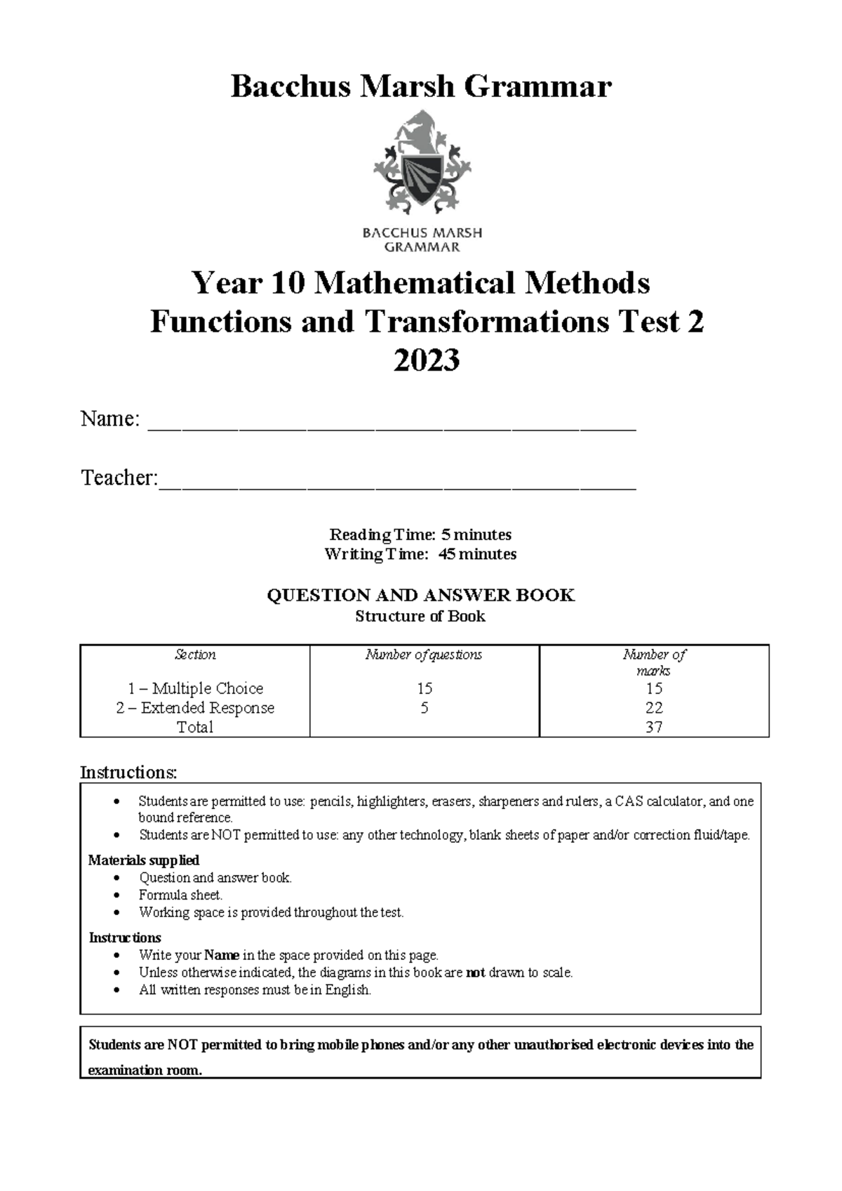10MM Functions and Transformations Test 2 - 2023 - Final Exam - Studocu
