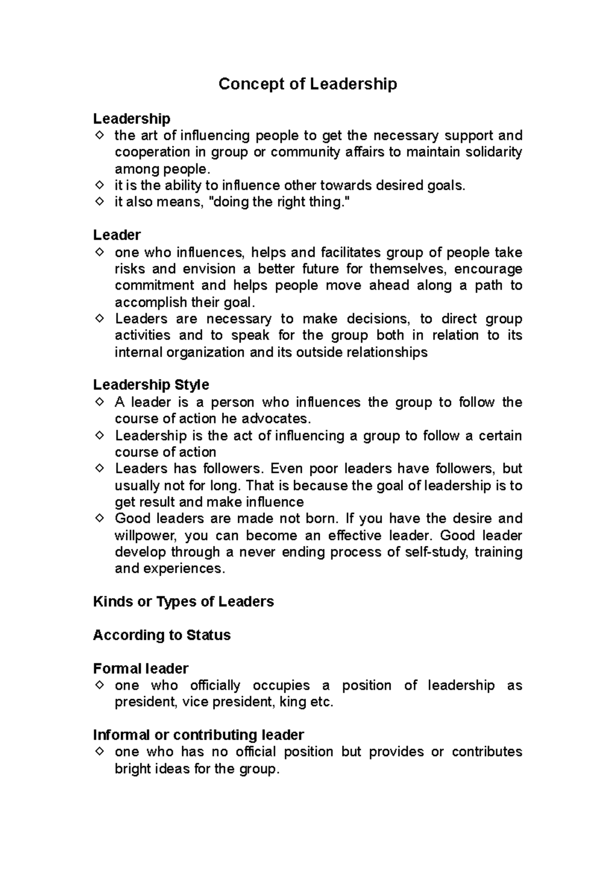 Concept of Leadership - LTS Lecture Notes on Leadership Styles and ...