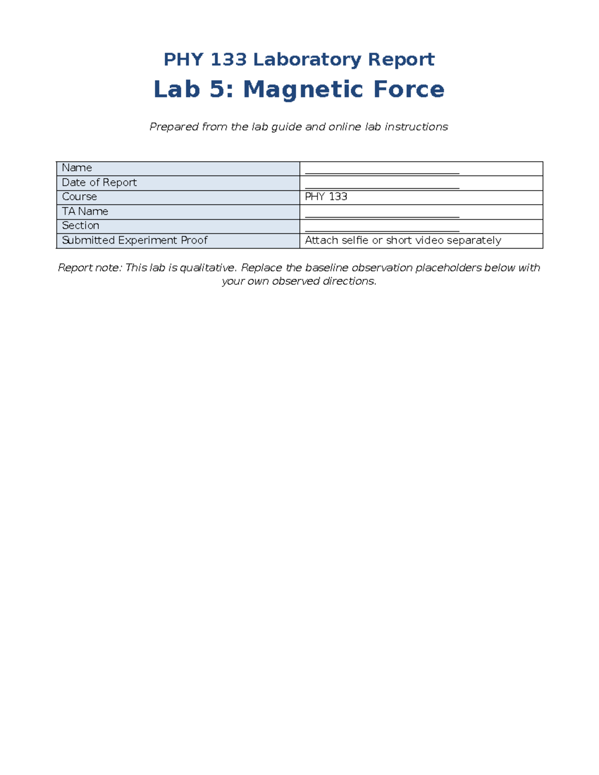 PHY 133 Lab Report: Magnetic Force Experiment Analysis - Studocu