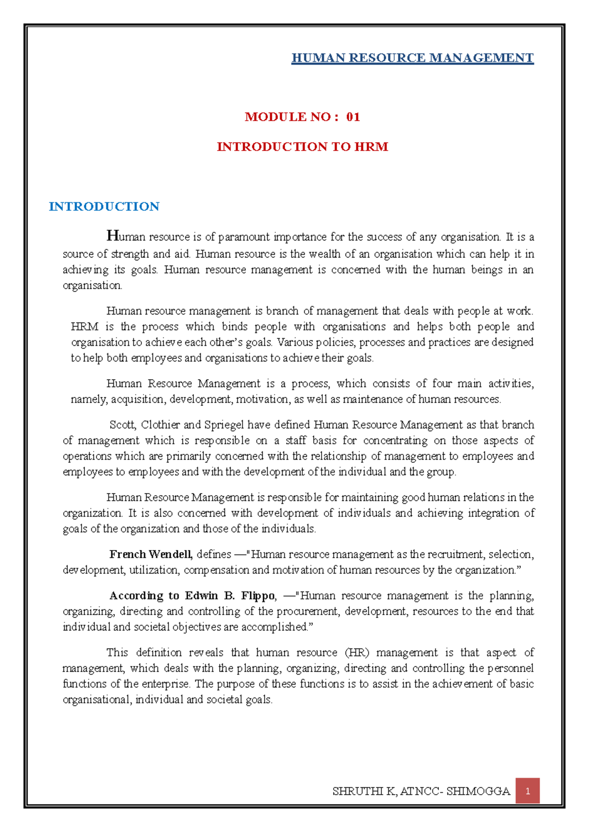 HRM-UNIT 1: Introduction to Human Resource Management Concepts - Studocu