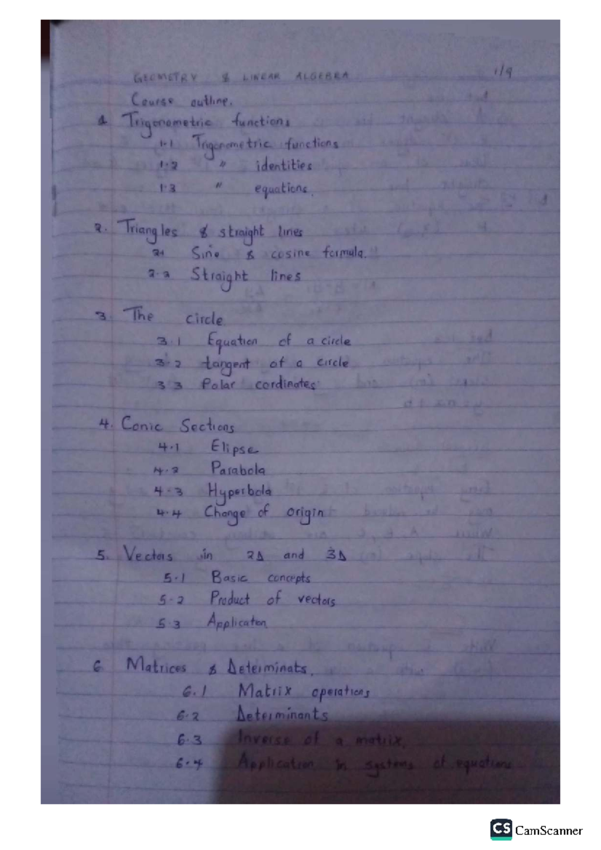 Geometry Linear Algebra Course Outline - First Sem Year One - Studocu