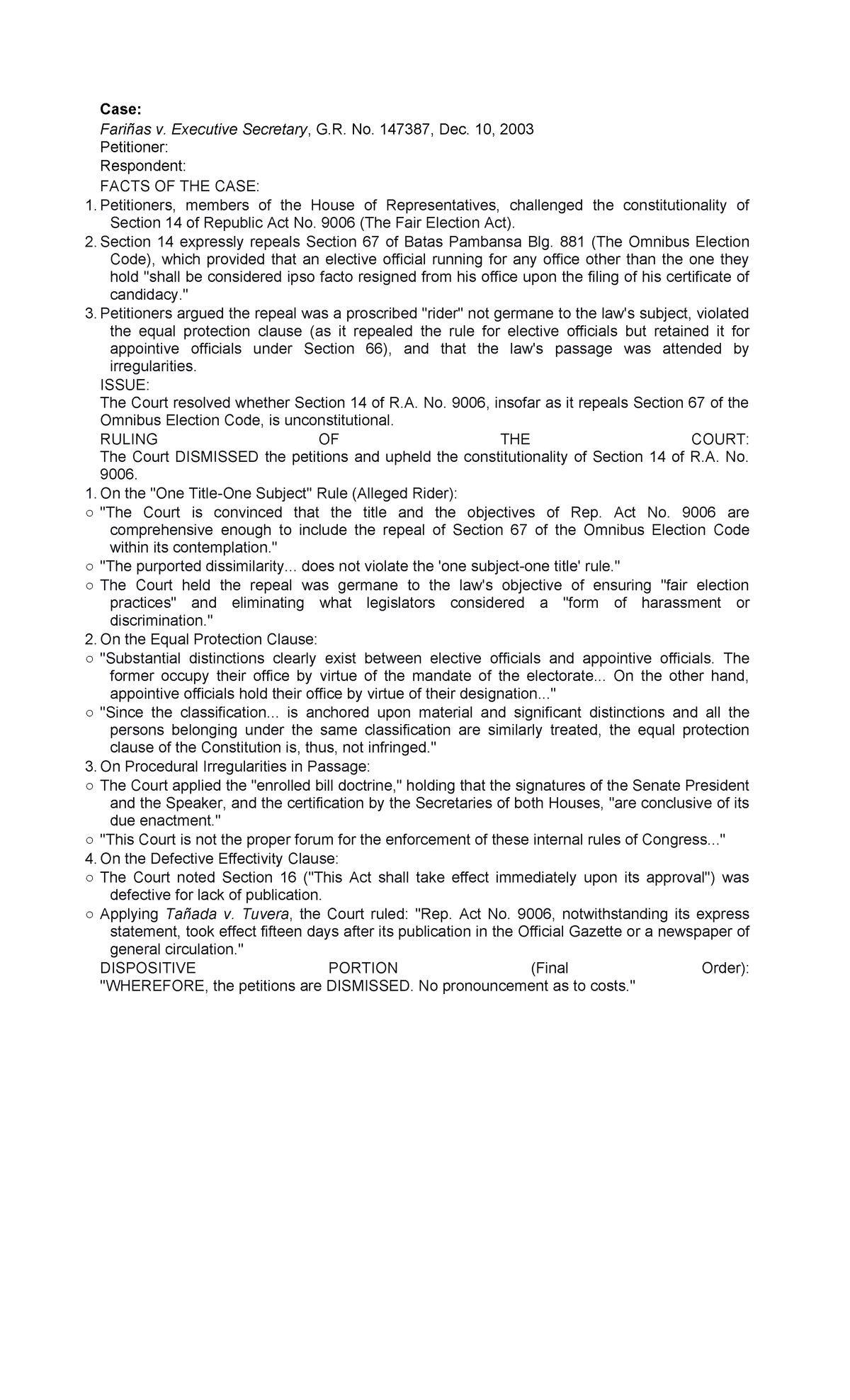 Digest of Fariñas v. Executive Secretary, G.R. No. 147387 Case Study ...